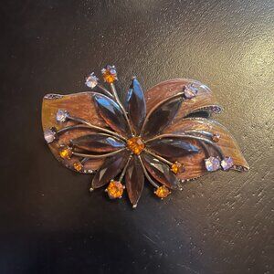 Large Vintage Liz Claiborne Copper Enamel Leaves Amber Flower Brooch